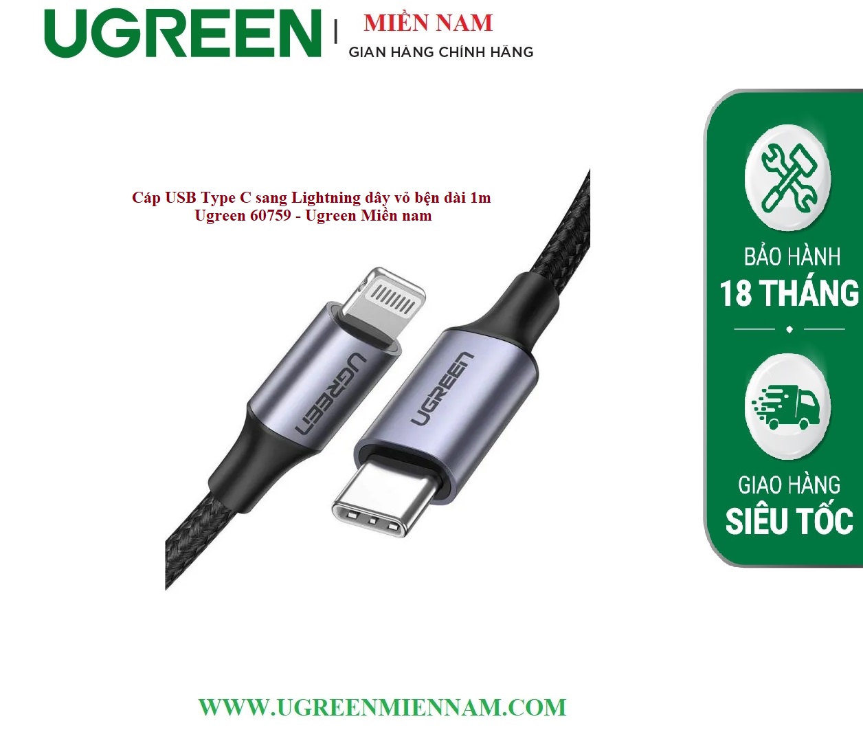 Cáp USB TypeC sang Lightning dây vỏ bện dài 1m Ugreen 60759 - Ugreen Miền nam
